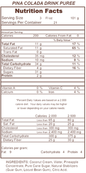 Pina Colada Drink Puree Nutritional Information