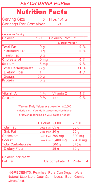 Peach Drink Puree Nutritional Information